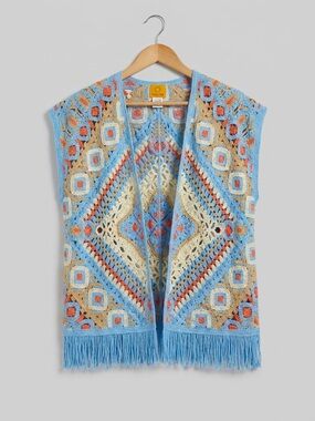 Ruby Rd. Crochet Vest‎ in Light Blue, Cream & Coral